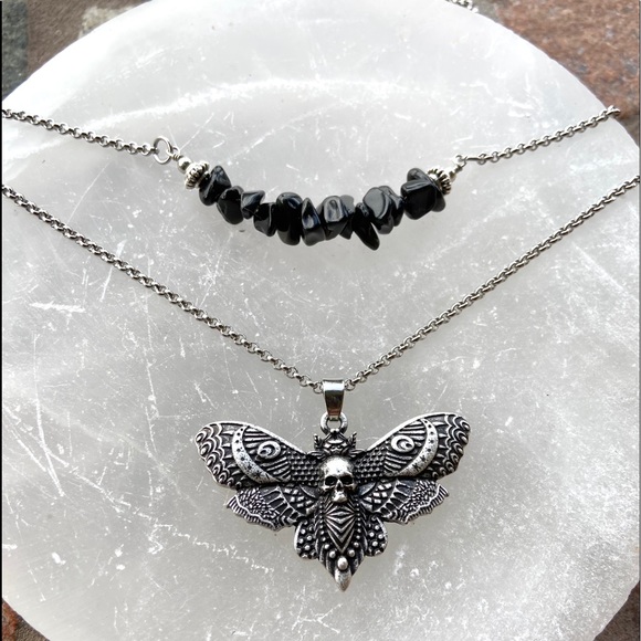 Double layer moth skull moon charm & gems of your choice goth boho - Picture 8 of 16